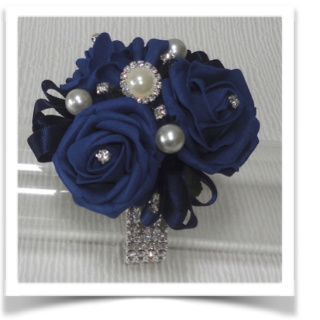 Navy Blue Rose Wrist Corsage with Pearls and Diamante